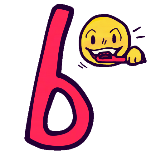  A drawing of a red silicone chewable tube, shaped like a lowercase letter “b”. In the top right is a smaller drawing of a yellow emoji face biting down on the round part of the tube and holding the straight end in their hand. 